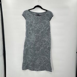 Lina Tomei Pure Linen Shift Dress Medium Embroidered Grey Indie Artsy Pockets